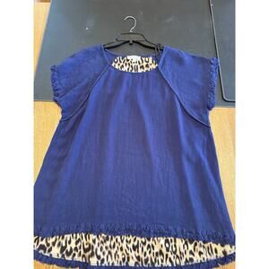 UMGEE Blue Leopard Print Fringe Relaxed Tunic Blouse Short Sleeve 1XL